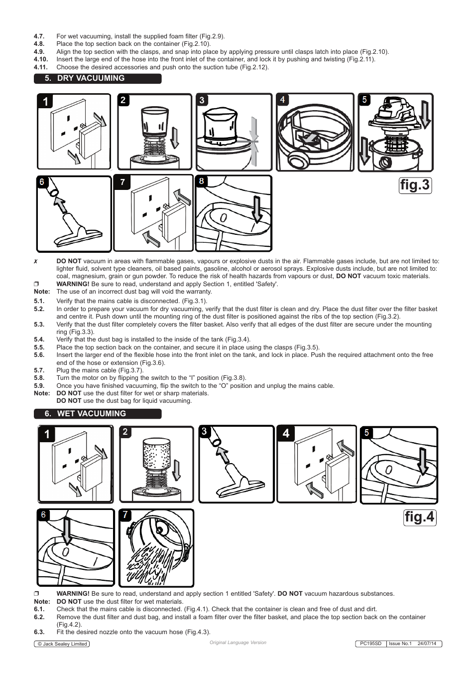 Fig.3 fig.4, Dry vacuuming 6. wet vacuuming | Sealey PC195SD User Manual | Page 3 / 5