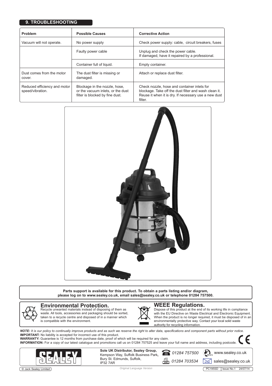 Environmental protection, Weee regulations, Troubleshooting | Sealey PC195SD User Manual | Page 5 / 5