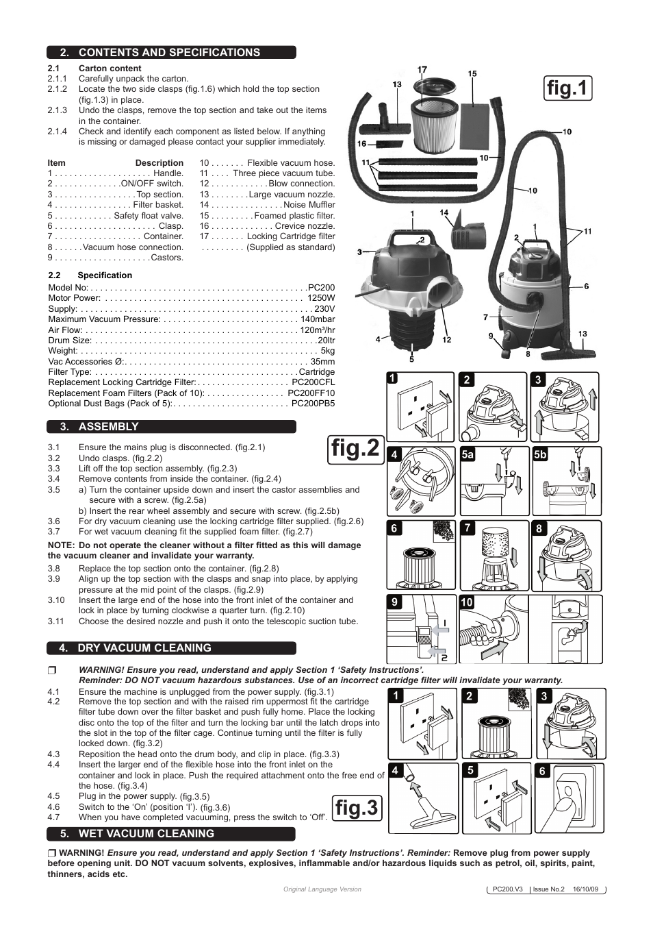Fig.2, Fig.3, Fig.1 | Contents and specifications, Dry vacuum cleaning 3. assembly, Wet vacuum cleaning | Sealey PC200 User Manual | Page 2 / 3