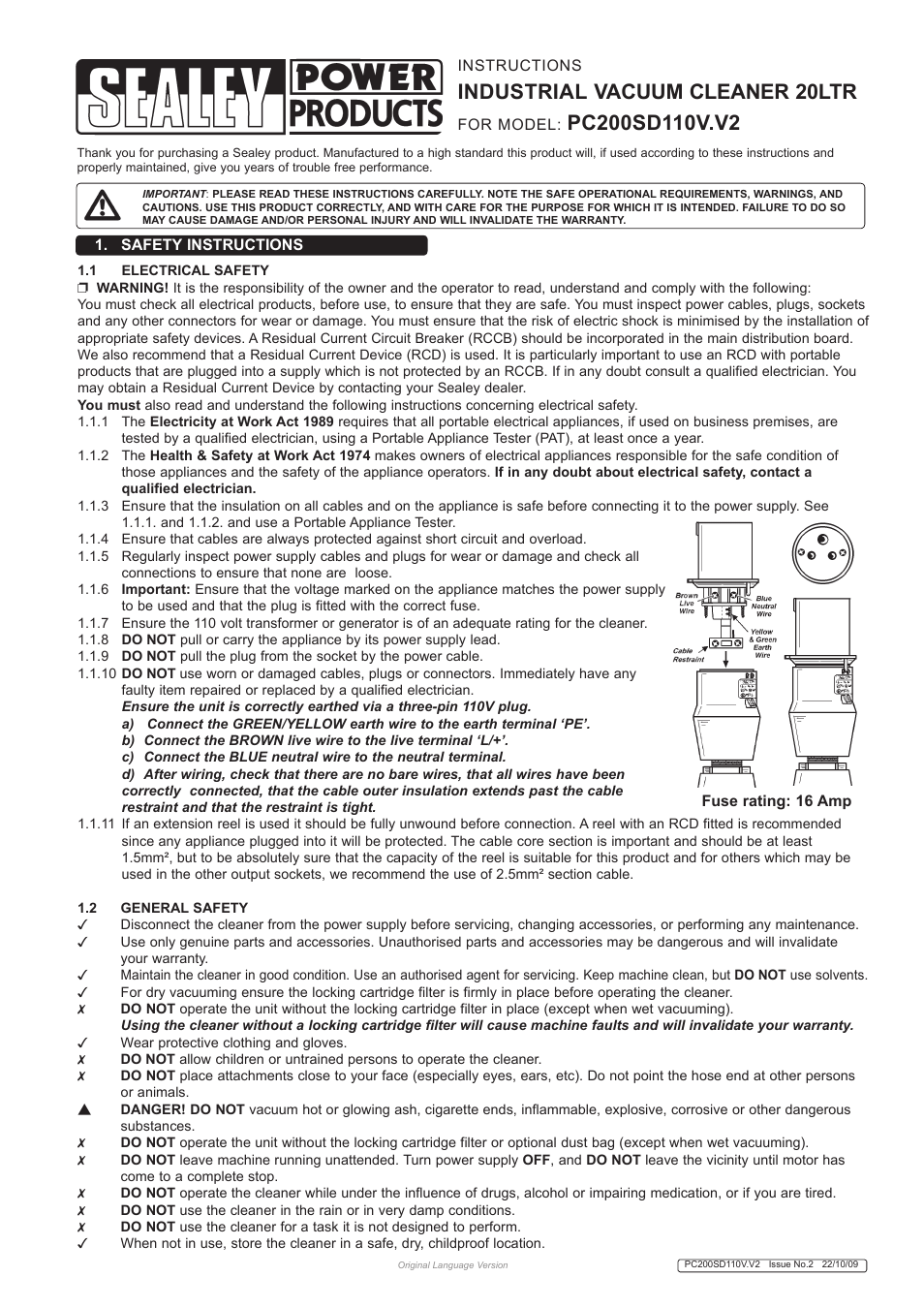 Sealey PC200SD110V User Manual | 4 pages