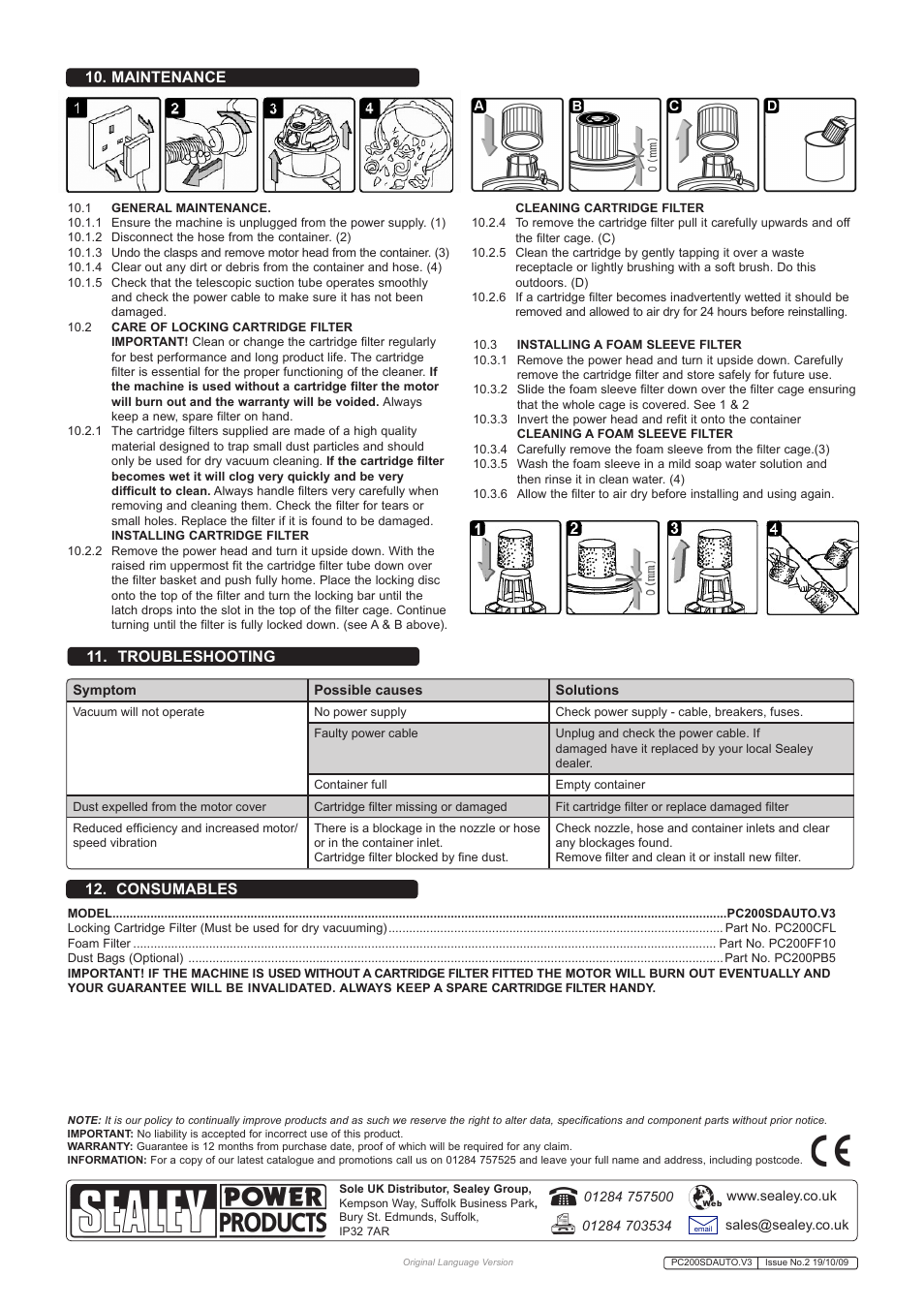 Maintenance, Troubleshooting 12. consumables | Sealey PC200SDAUTO User Manual | Page 4 / 4