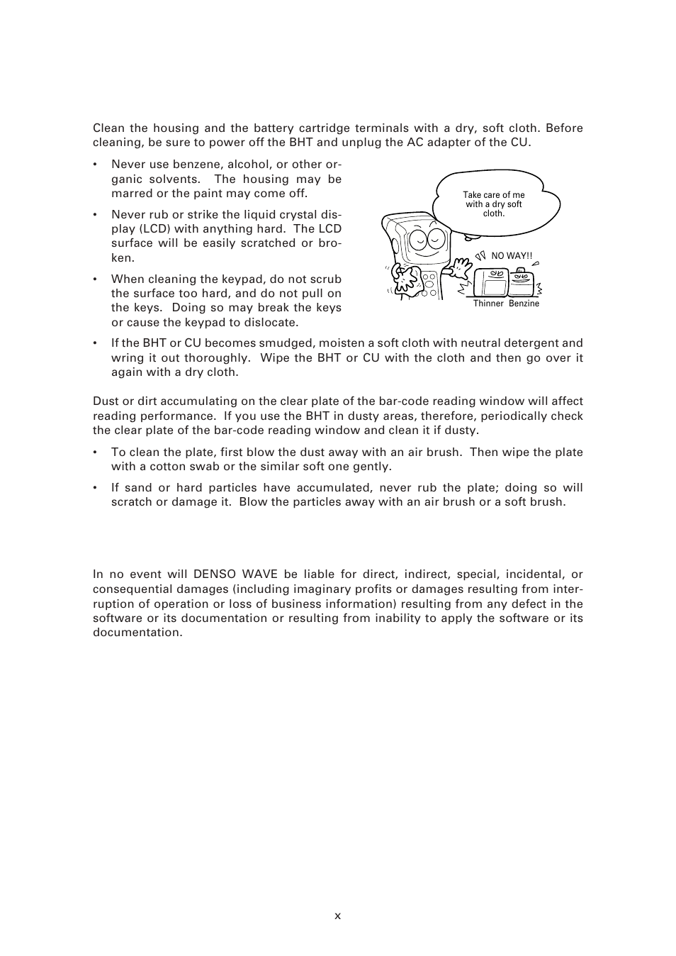 Proper care of the bht and cu, Limited warranty on software products | Denso BHT-7000 User Manual | Page 12 / 175