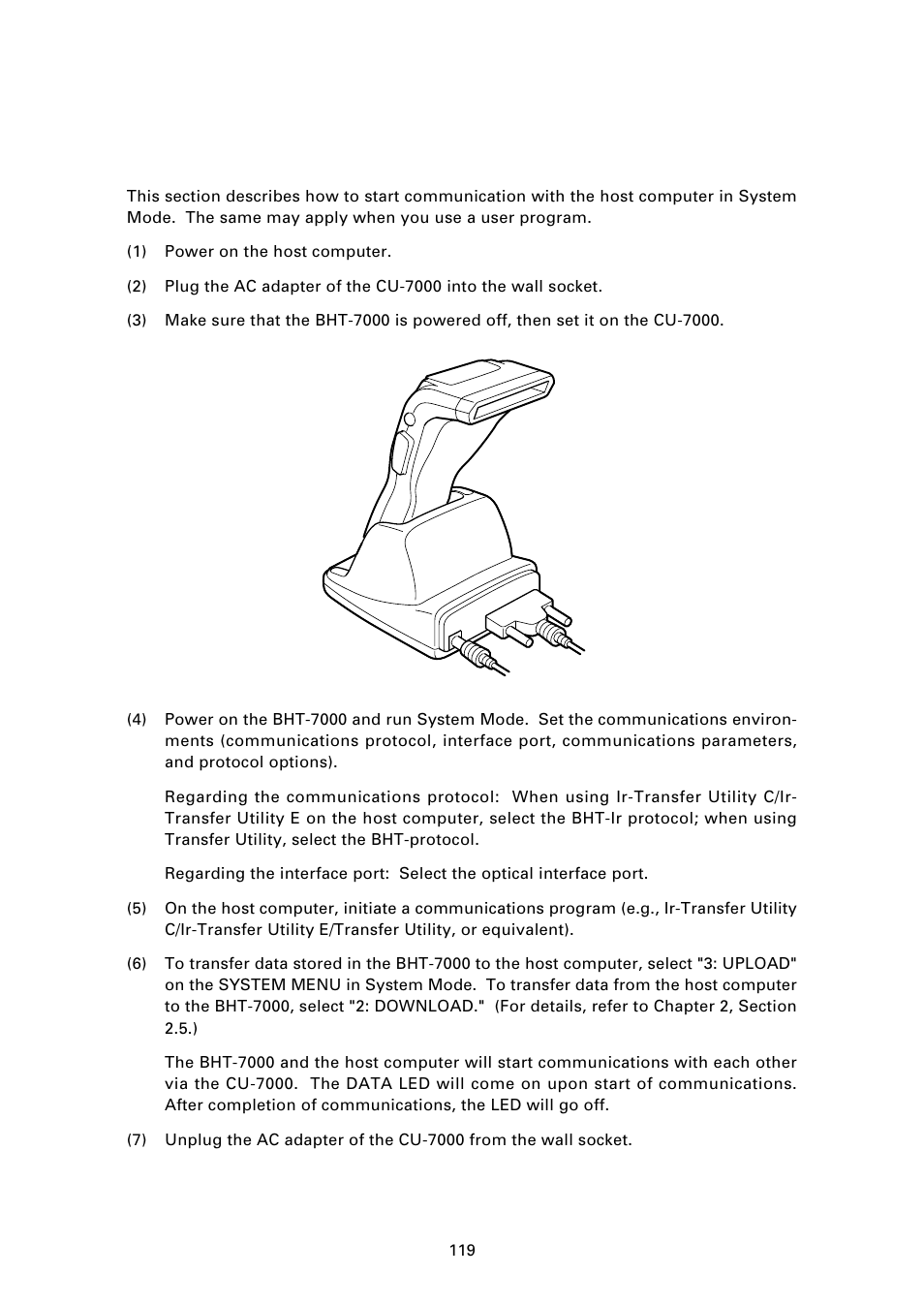 3 interfacing with the host computer, Communicating with the host computer, Setting the transmission speed of the cu-7000 | Interface cable connection, Interfacing with the host computer | Denso BHT-7000 User Manual | Page 135 / 175