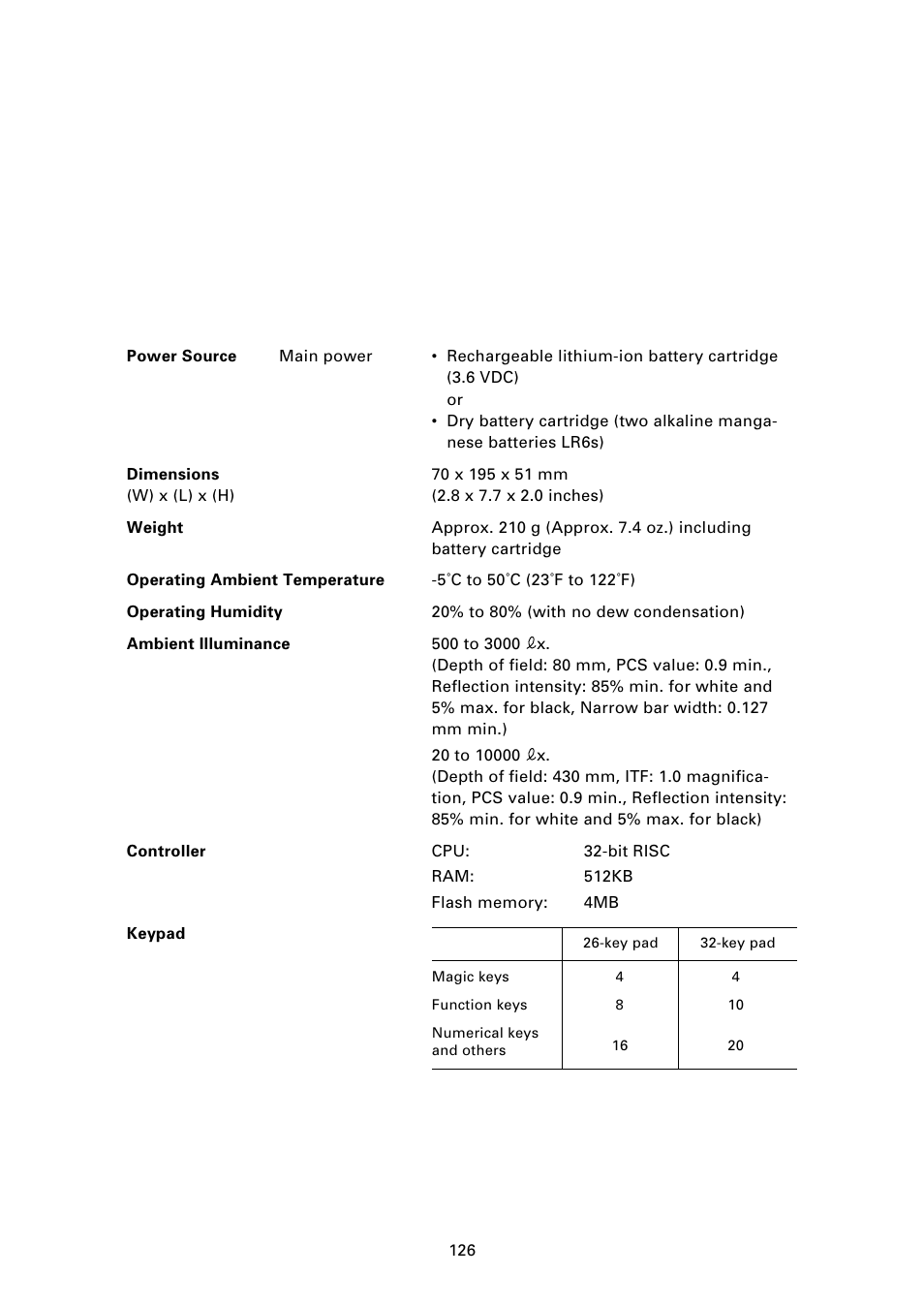 Appendix a. specifications, A.1 bht-7000, 1 ] product specifications | Denso BHT-7000 User Manual | Page 142 / 175