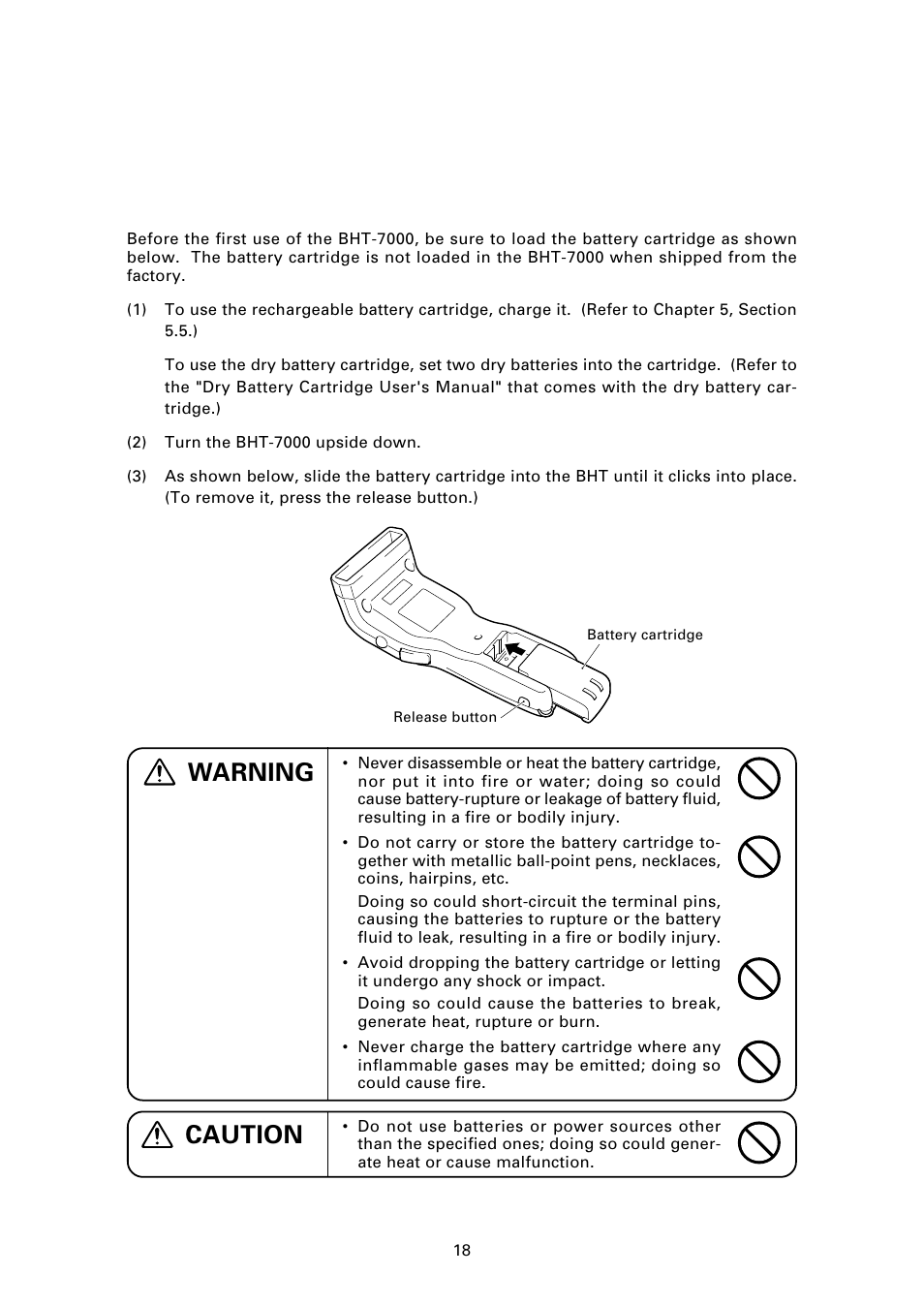 4 preparation, 1 setting-up 1: loading the battery cartridge, Caution | Warning | Denso BHT-7000 User Manual | Page 34 / 175