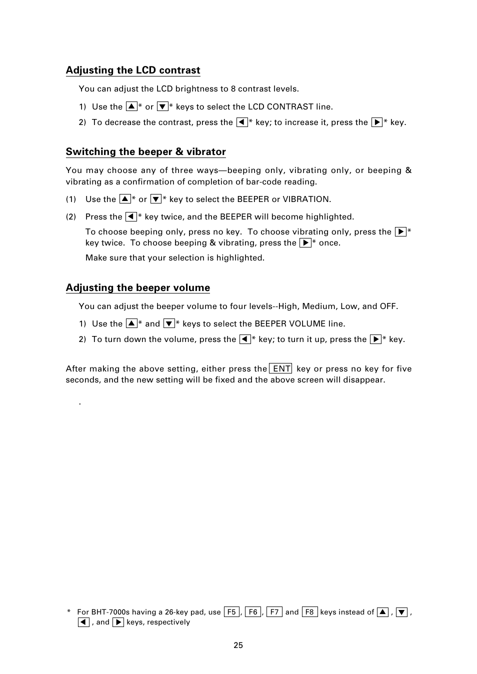 Adjusting the lcd contrast, Switching the beeper & vibrator, Adjusting the beeper volume | Denso BHT-7000 User Manual | Page 41 / 175