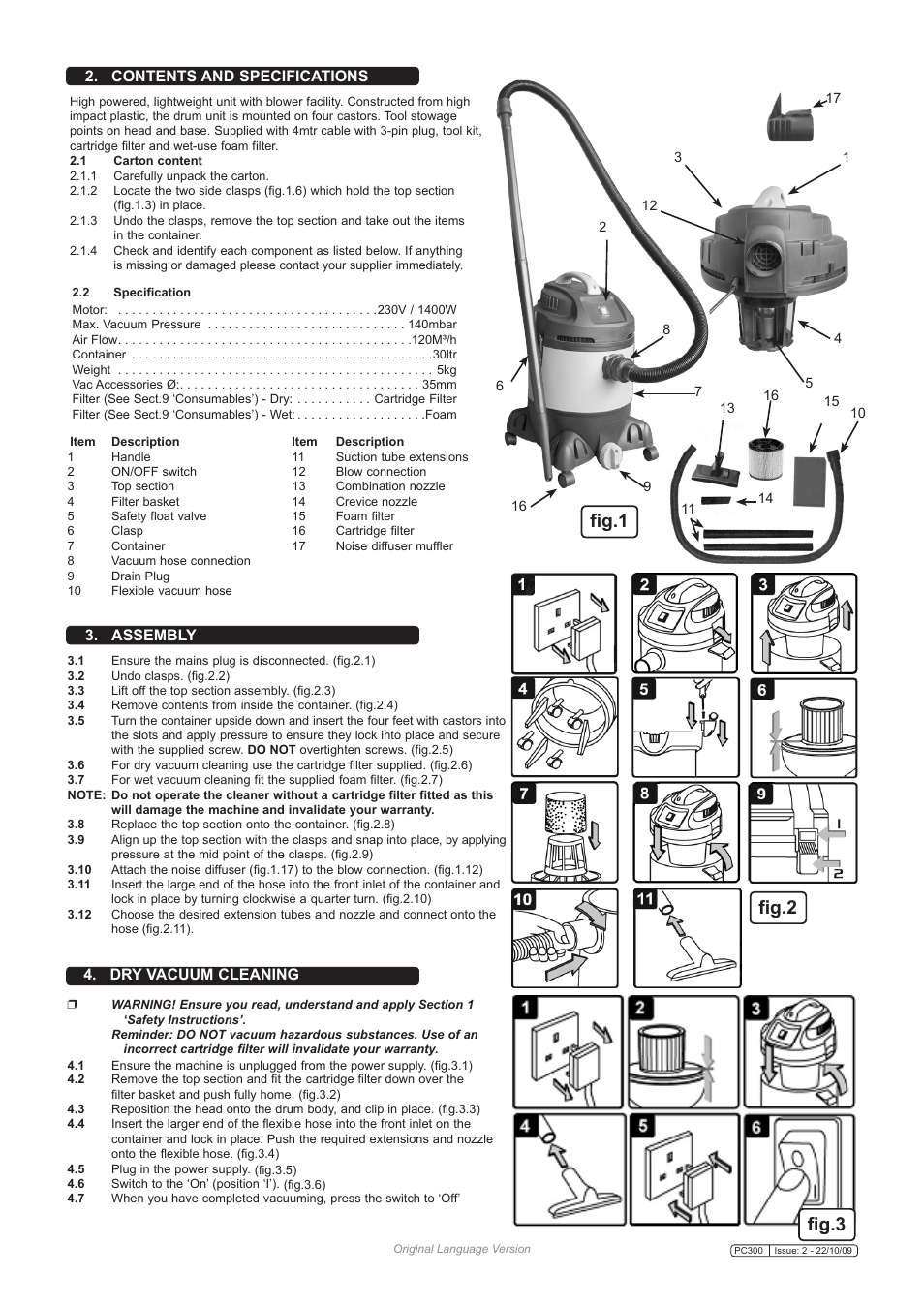 Fig.3 fig.2 fig.1, Contents and specifications, Dry vacuum cleaning 3. assembly | Sealey PC300 User Manual | Page 2 / 4