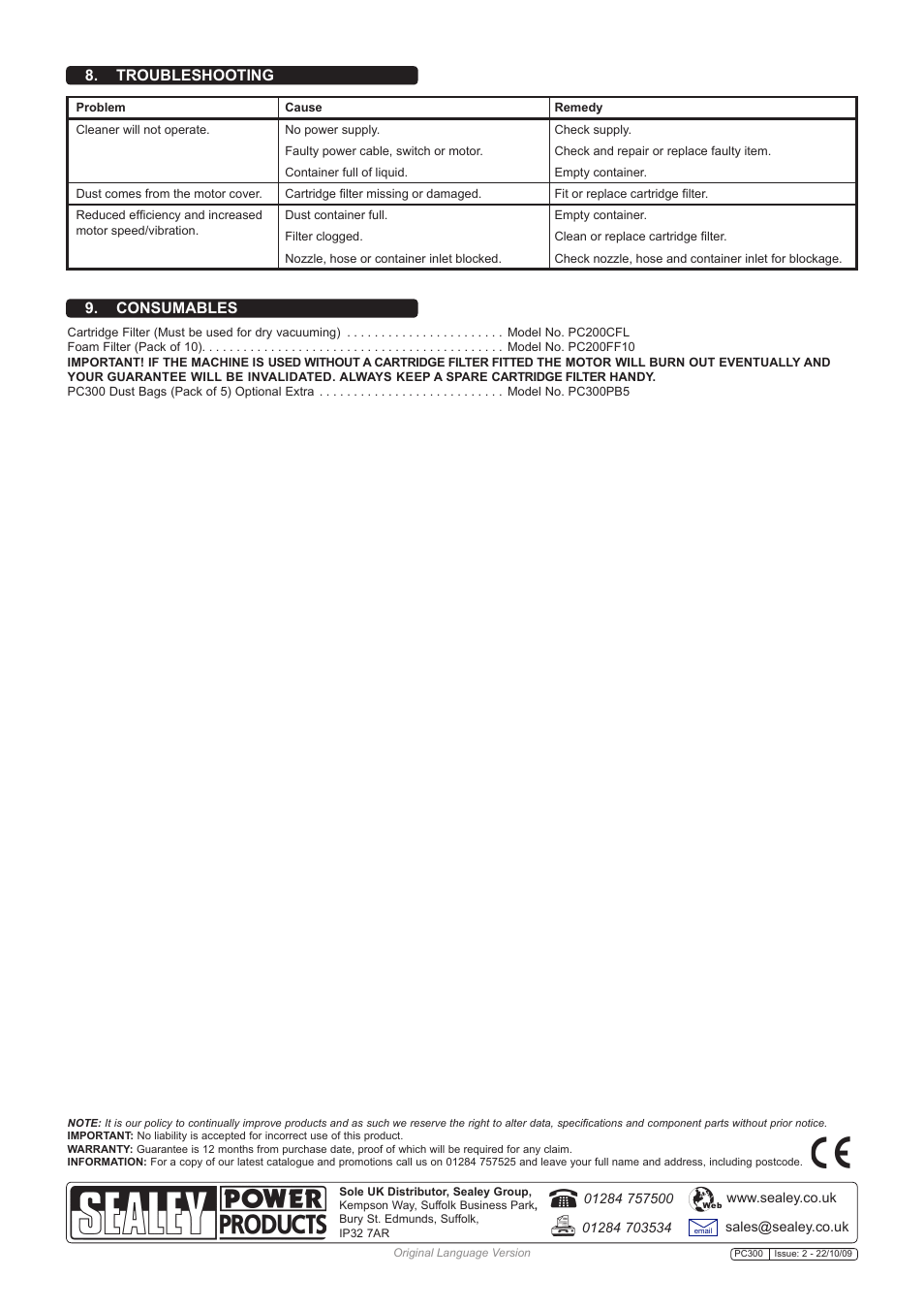 Consumables, Troubleshooting | Sealey PC300 User Manual | Page 4 / 4