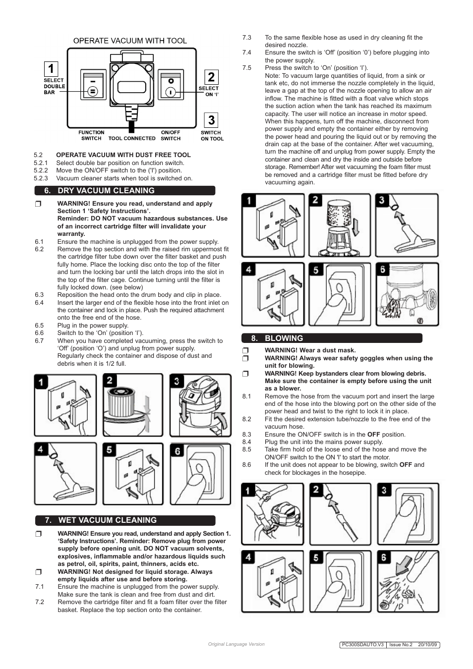 Wet vacuum cleaning, Dry vacuum cleaning 8. blowing | Sealey PC300SDAUTO User Manual | Page 3 / 4