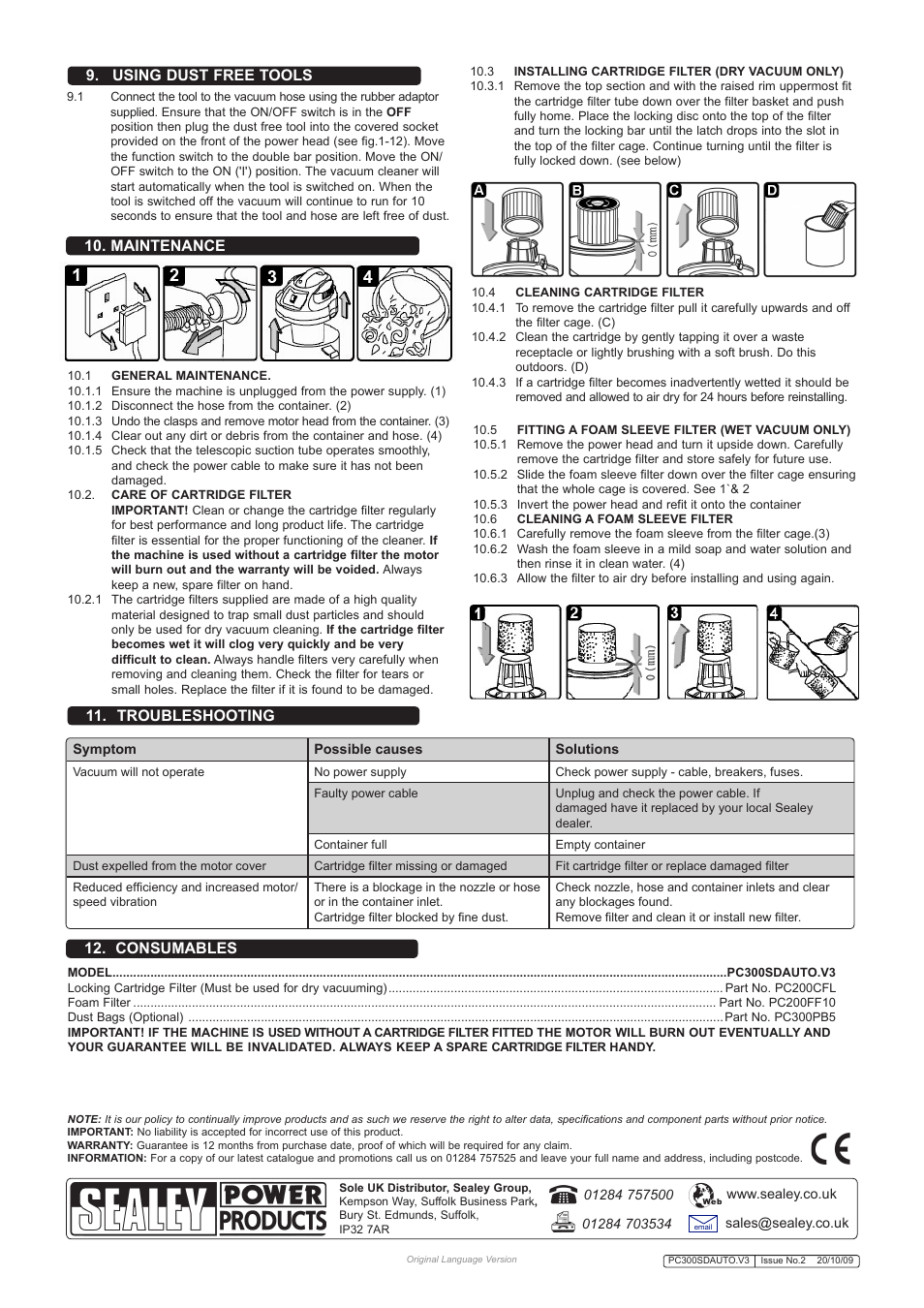 Maintenance, Troubleshooting, Consumables | Using dust free tools | Sealey PC300SDAUTO User Manual | Page 4 / 4