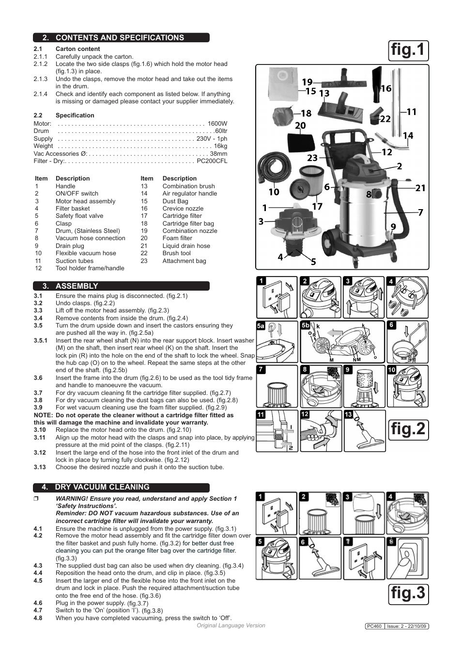 Fig.1 fig.3, Fig.2, Contents and specifications | Dry vacuum cleaning 3. assembly | Sealey PC460 User Manual | Page 2 / 3