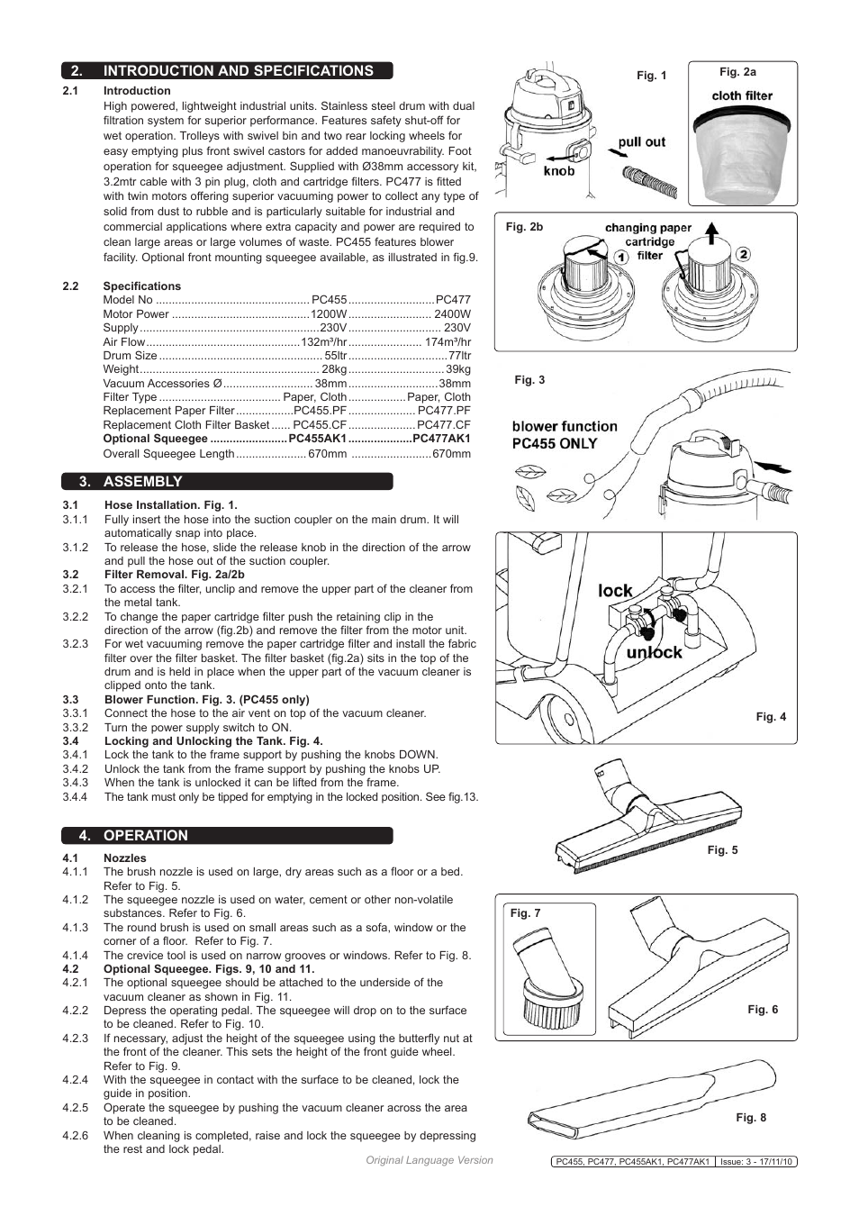 Introduction and specifications 4. operation, Assembly | Sealey PC477 User Manual | Page 2 / 3