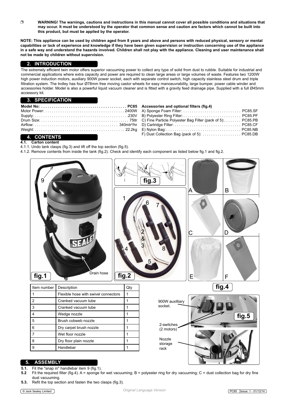 Fig.1, Fig.2 fig.4 fig.3, Fig.5 | 8d e f | Sealey PC85 User Manual | Page 2 / 4