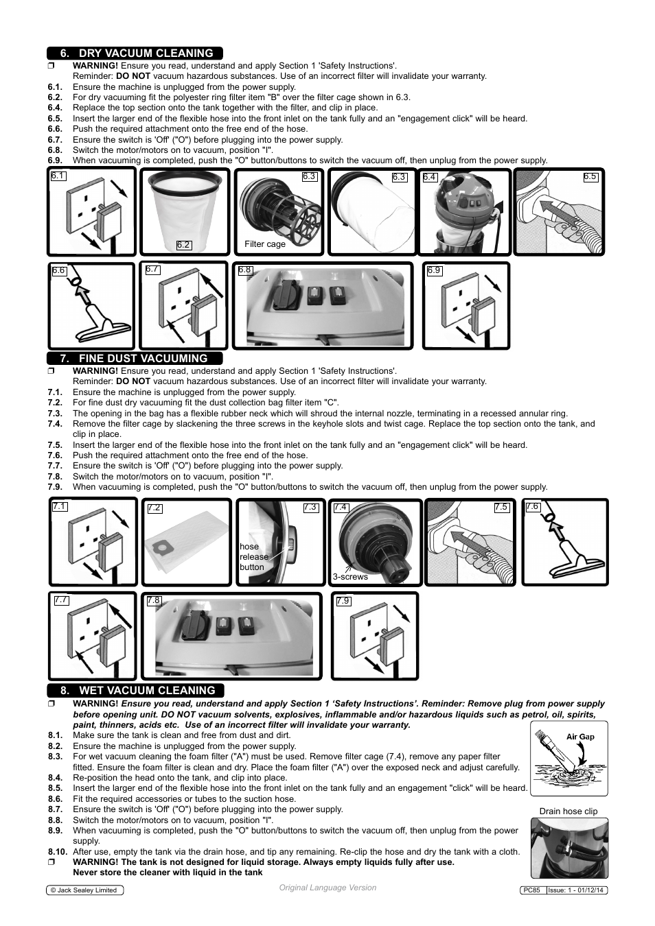 Dry vacuum cleaning, Wet vacuum cleaning, Fine dust vacuuming | Sealey PC85 User Manual | Page 3 / 4