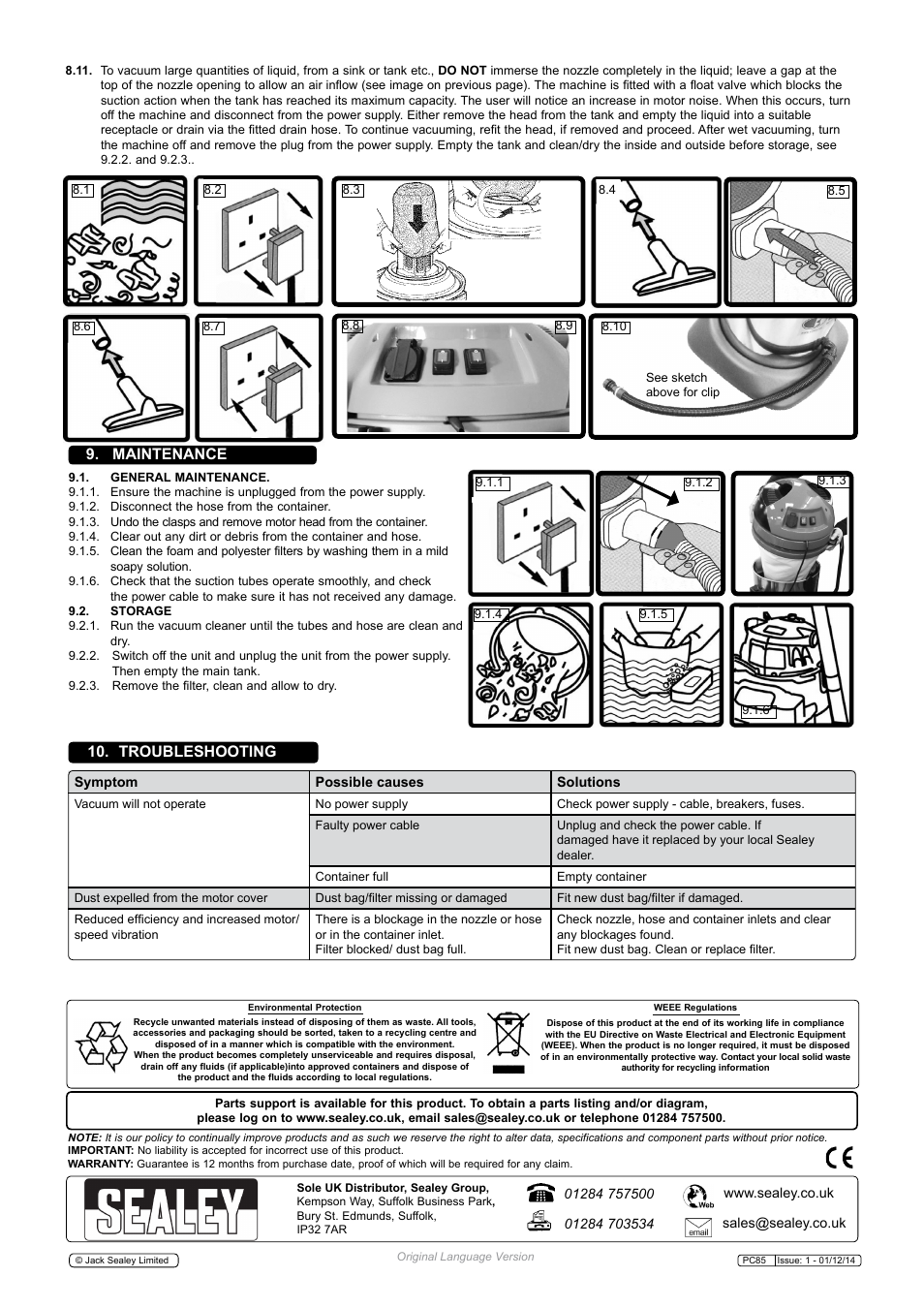 Troubleshooting 9. maintenance | Sealey PC85 User Manual | Page 4 / 4