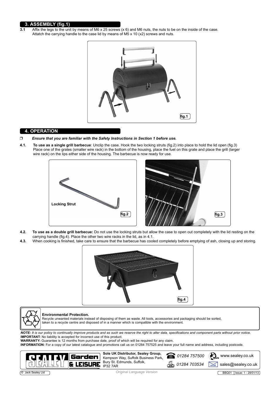 Operation, Assembly (fig.1) | Sealey BBQ01 User Manual | Page 2 / 2