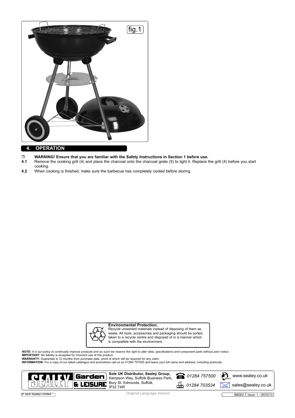 Fig.1, Operation | Sealey BBQ02 User Manual | Page 2 / 2