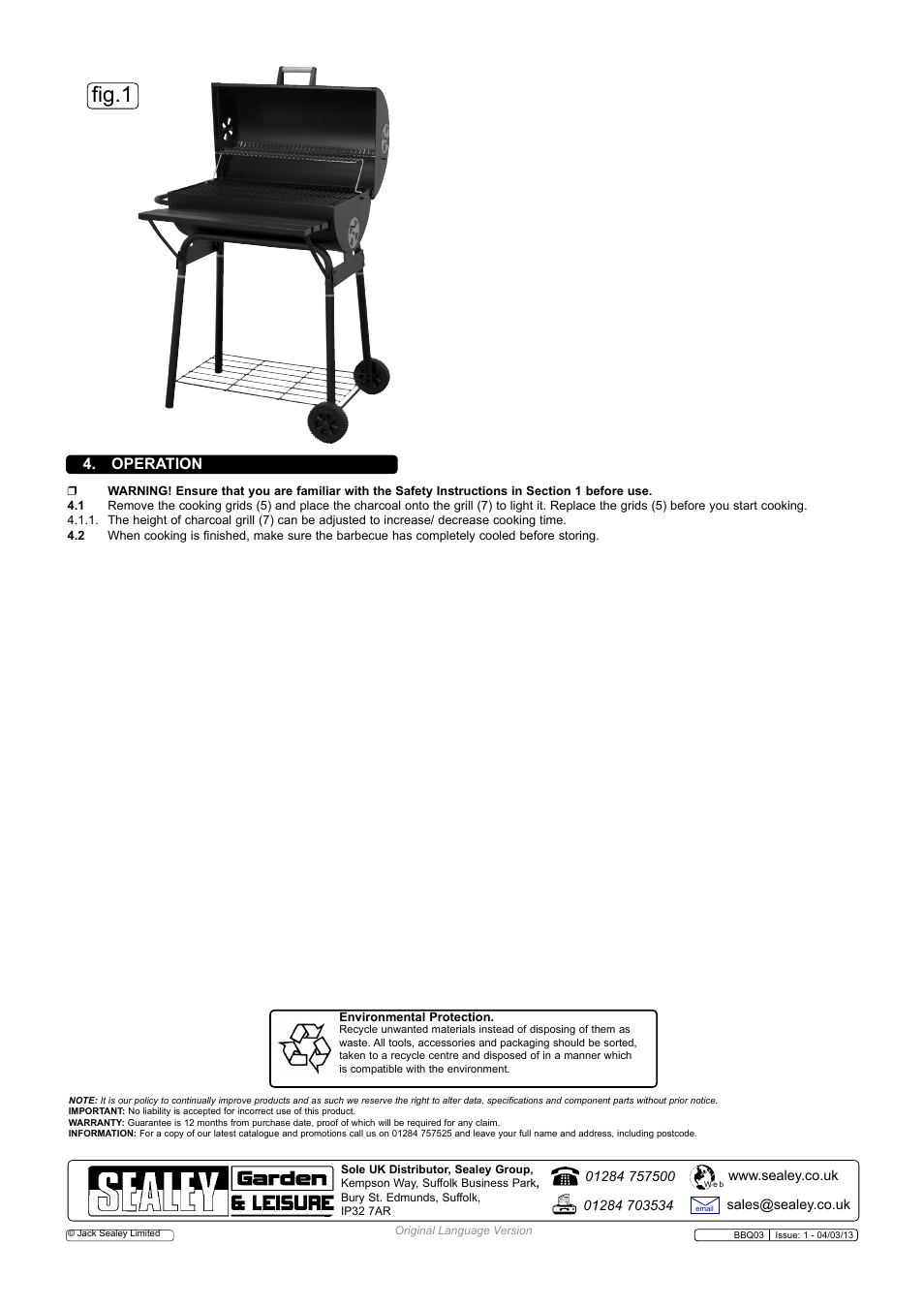 Fig.1, Operation | Sealey BBQ03 User Manual | Page 2 / 2