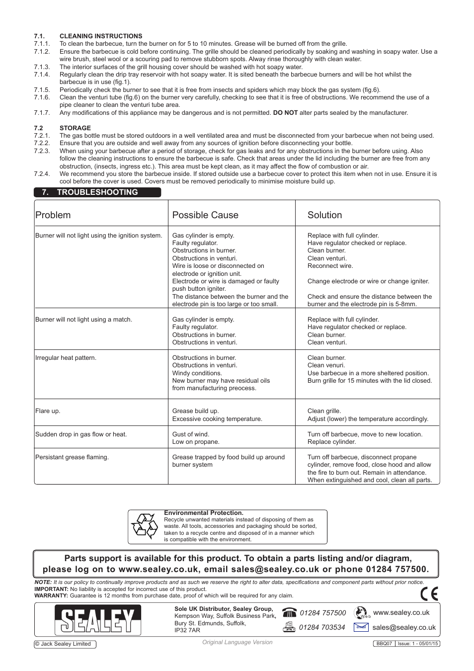 Problem possible cause solution, Troubleshooting | Sealey BBQ07 User Manual | Page 4 / 4