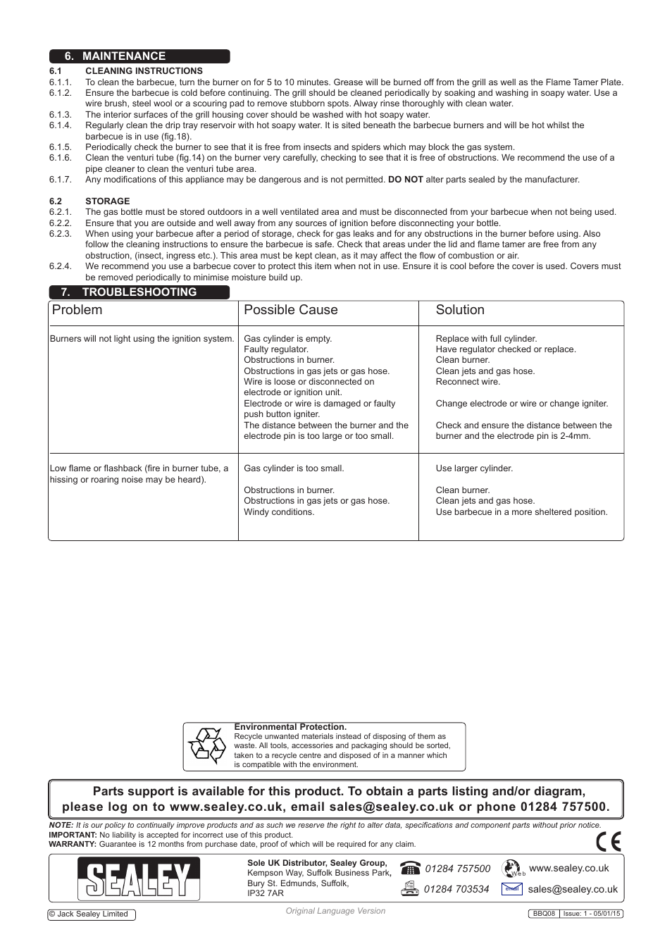 Problem possible cause solution, Maintenance 7. troubleshooting | Sealey BBQ08 User Manual | Page 6 / 6