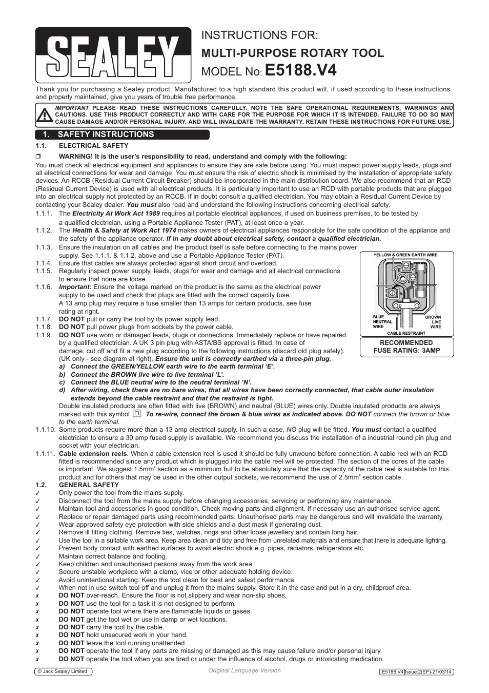 Sealey E5188 User Manual | 3 pages