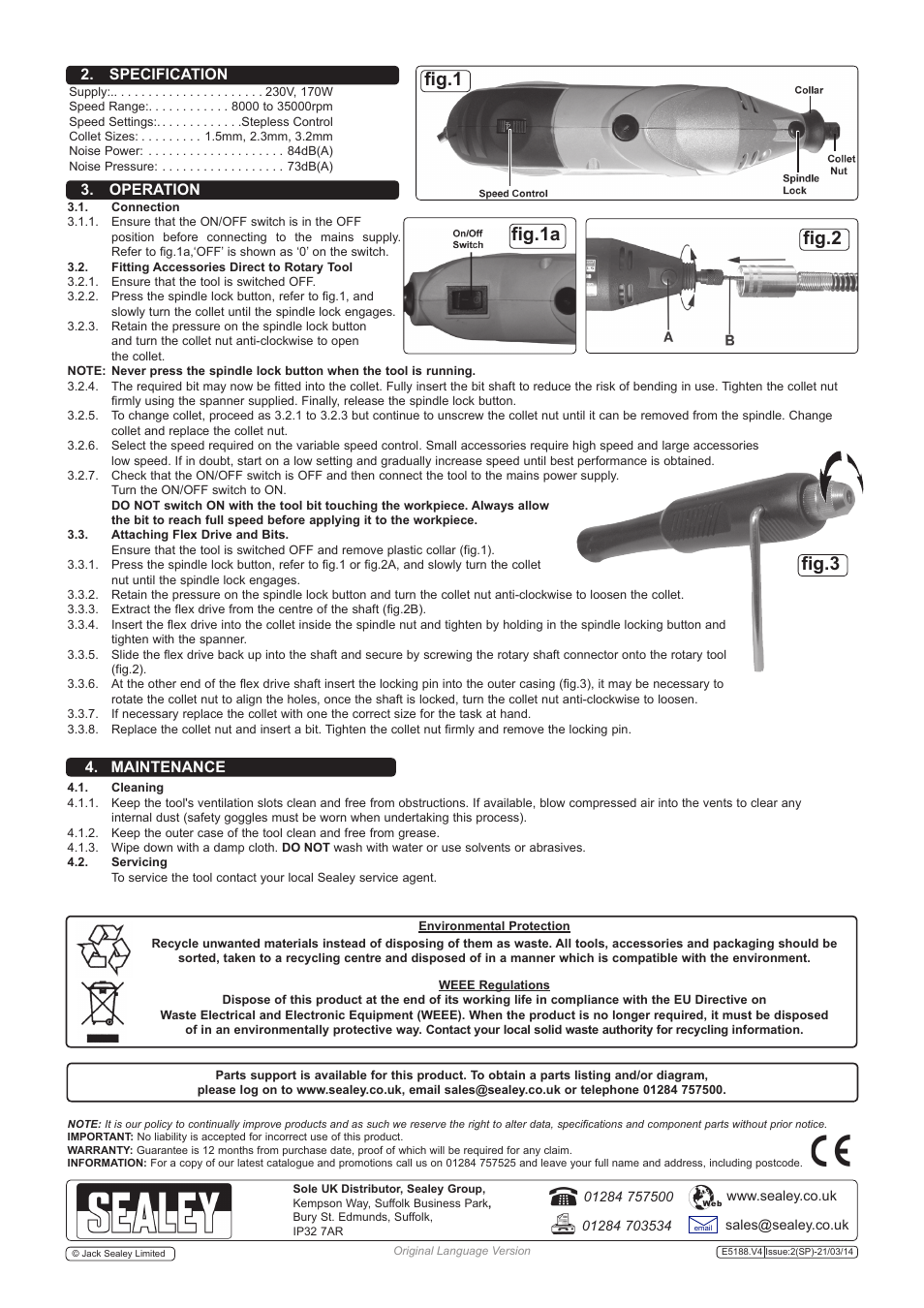 Fig.2 fig.1, Fig.1a, Fig.3 | Operation, Specification 4. maintenance | Sealey E5188 User Manual | Page 2 / 3