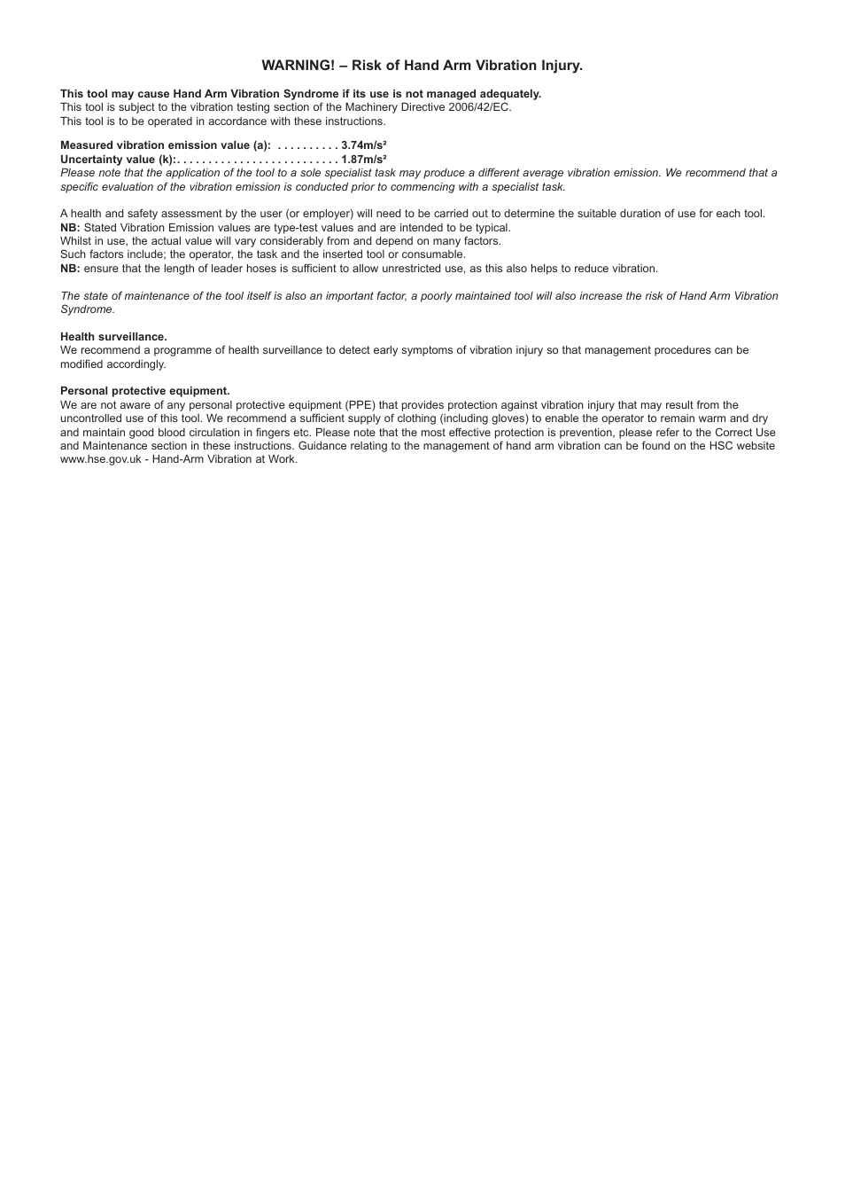Warning! – risk of hand arm vibration injury | Sealey E5188 User Manual | Page 3 / 3