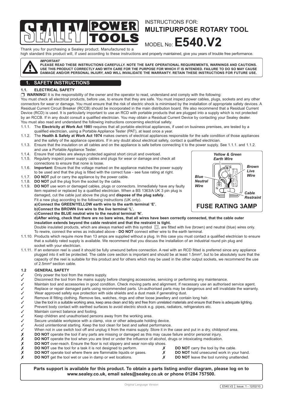 Sealey E540 User Manual | 2 pages