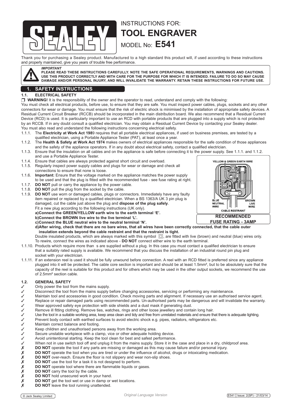 Sealey E541 User Manual | 3 pages