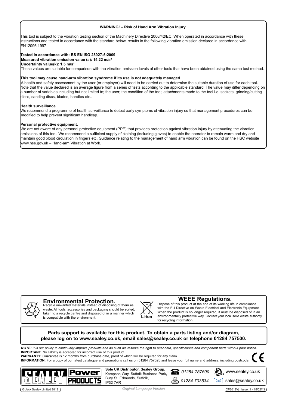 Environmental protection, Weee regulations | Sealey CP6018V User Manual | Page 4 / 4