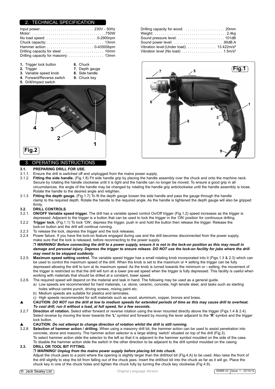 Fig.2, Fig.1, Operating instructions | Technical specification | Sealey S0686 User Manual | Page 2 / 3