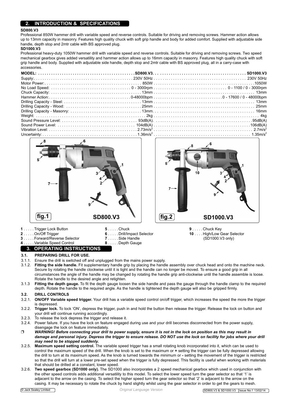 Operating instructions, Introduction & specifications | Sealey SD1000 User Manual | Page 2 / 4