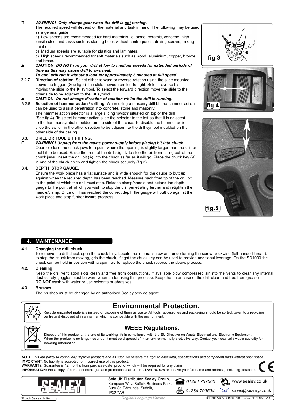 Environmental protection, Fig.5 fig.3, Fig.4 | Weee regulations, Maintenance | Sealey SD1000 User Manual | Page 3 / 4