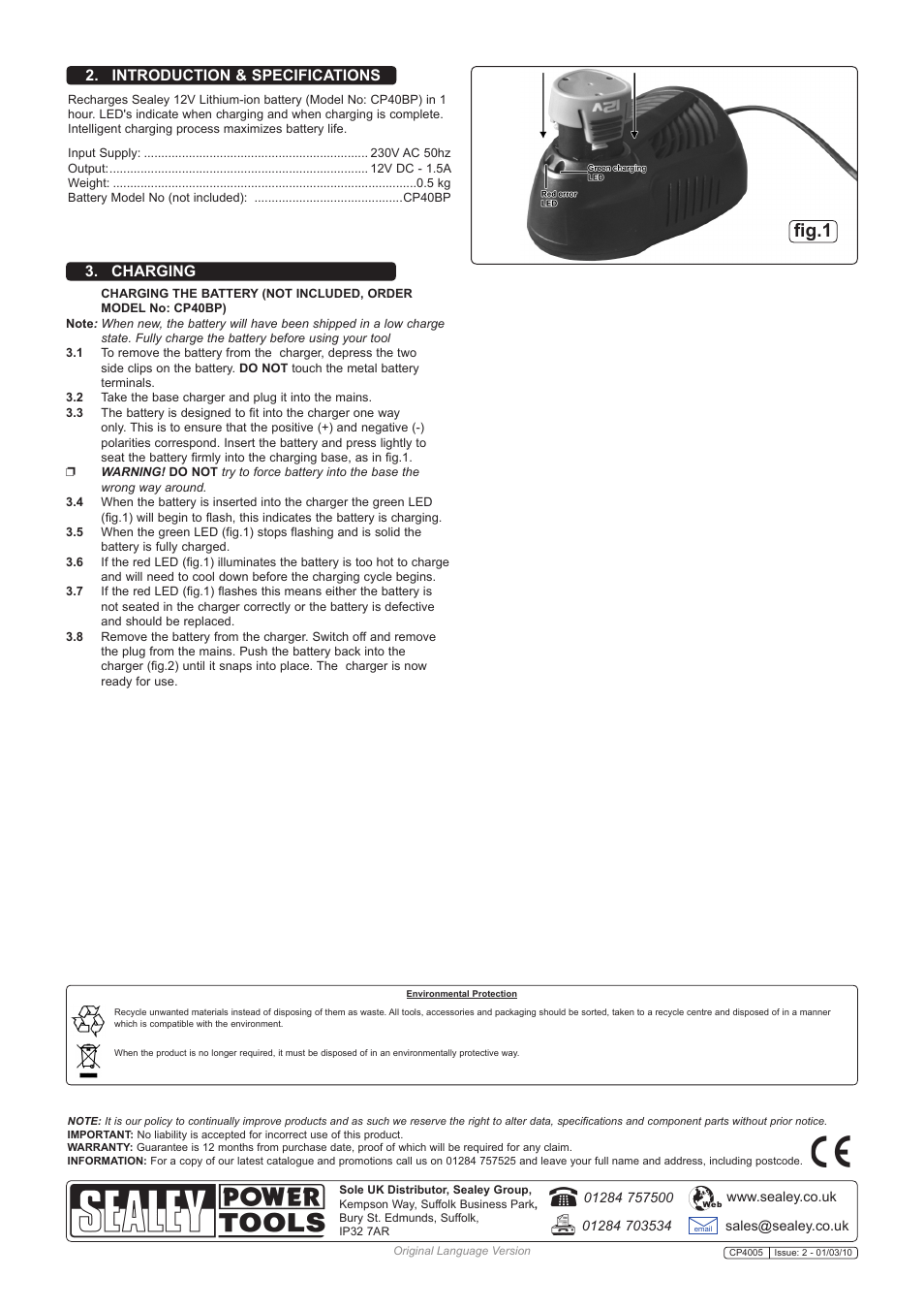 Fig.1, Introduction & specifications, Charging | Sealey CP40MC User Manual | Page 2 / 2