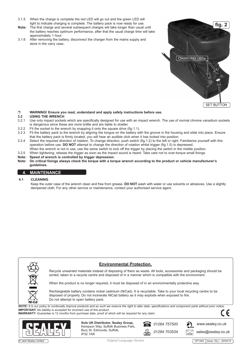 Fig. 2, Environmental protection, Maintenance | Sealey CP1440 User Manual | Page 3 / 4