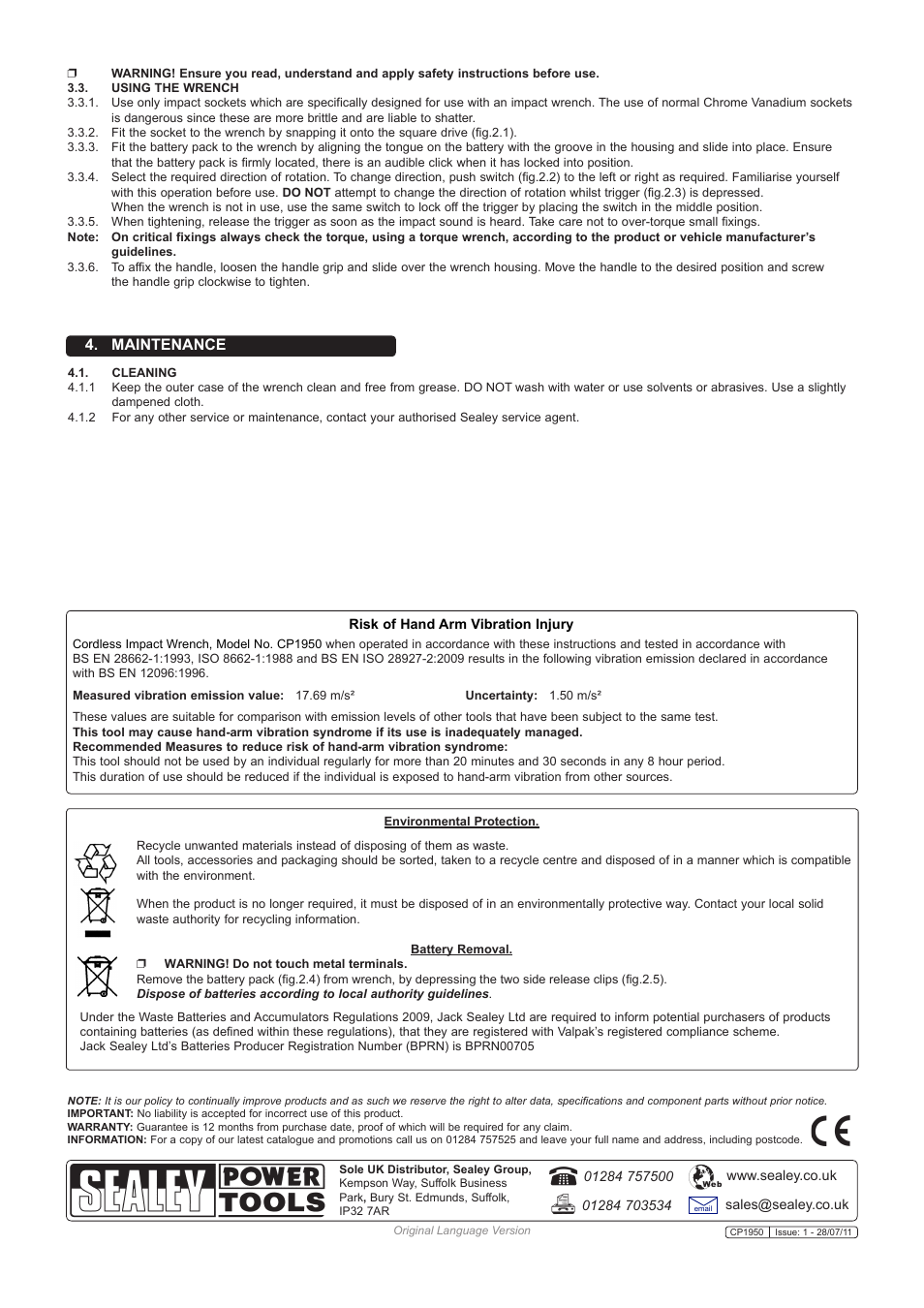 Maintenance | Sealey CP1950 User Manual | Page 3 / 3