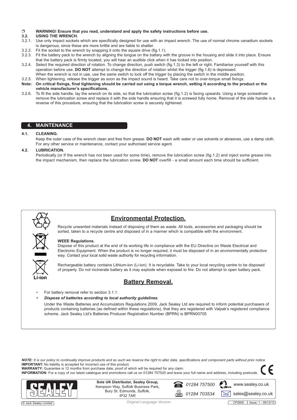 Environmental protection, Battery removal, Maintenance | Sealey CP2600 User Manual | Page 3 / 4