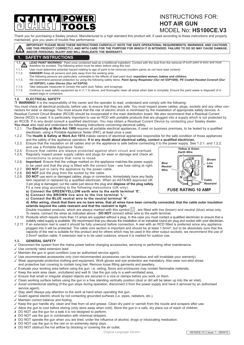 Sealey HS100CE User Manual | 3 pages