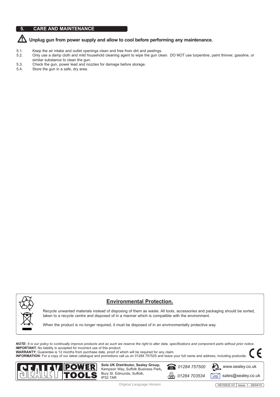 Environmental protection, Care and maintenance | Sealey HS100CE User Manual | Page 3 / 3