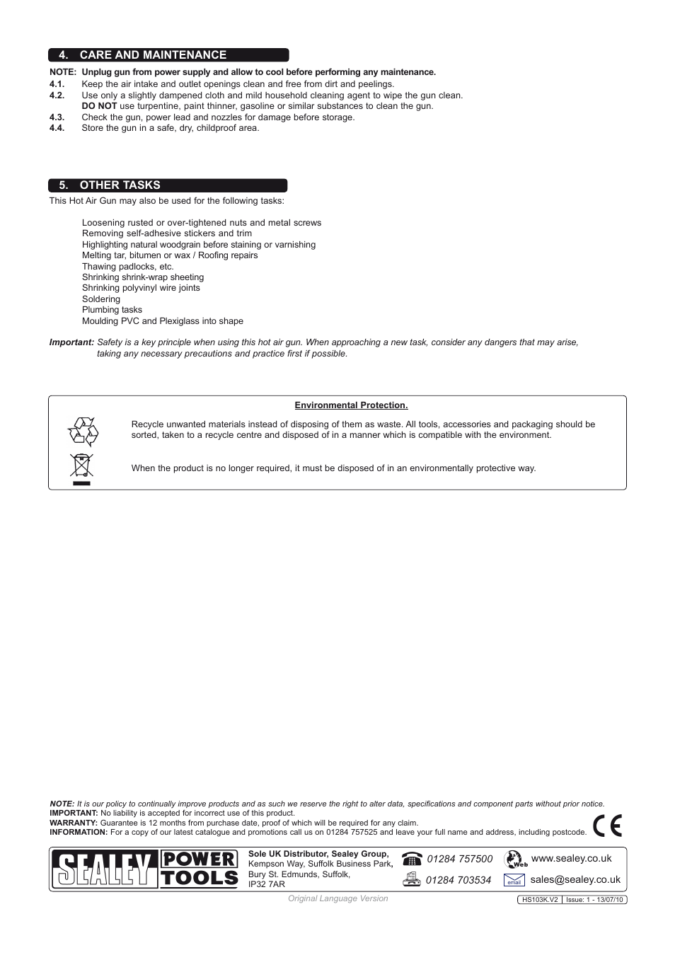 Other tasks, Care and maintenance | Sealey HS103K User Manual | Page 3 / 3