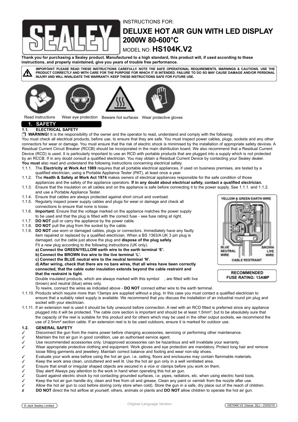 Sealey HS104K User Manual | 3 pages