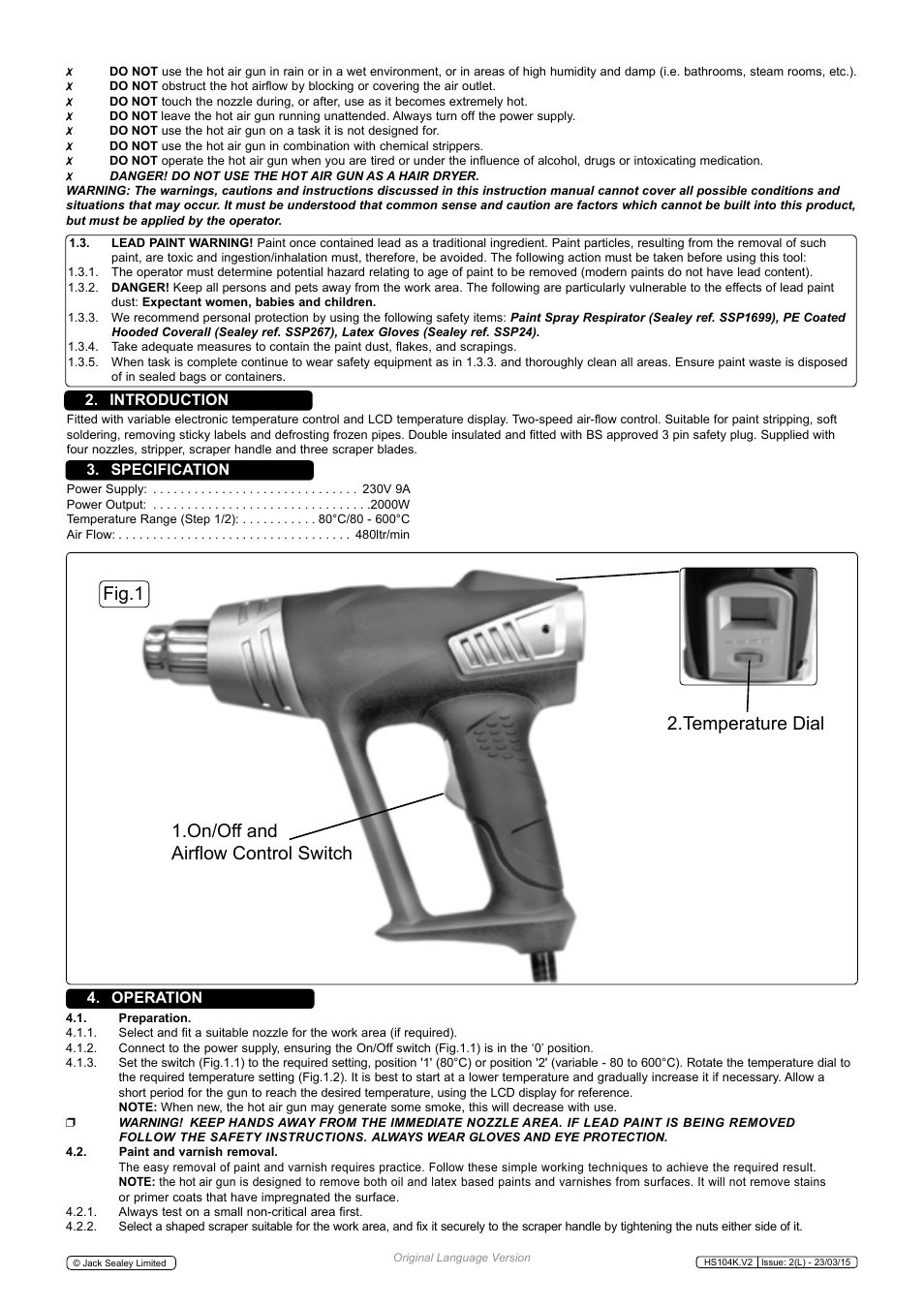 Introduction 3. specification 4. operation | Sealey HS104K User Manual | Page 2 / 3