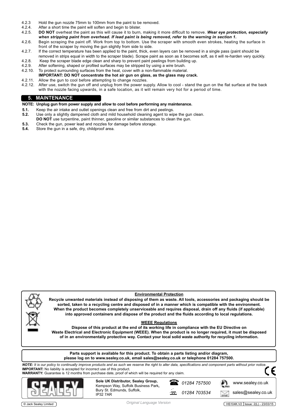 Maintenance | Sealey HS104K User Manual | Page 3 / 3