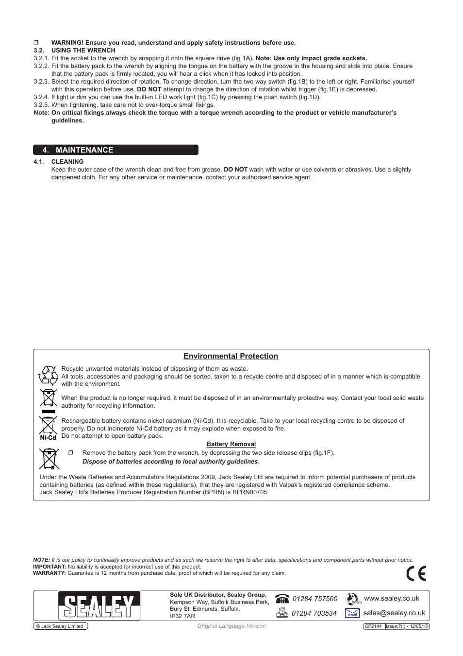 Maintenance, Environmental protection | Sealey CP2144 User Manual | Page 3 / 4