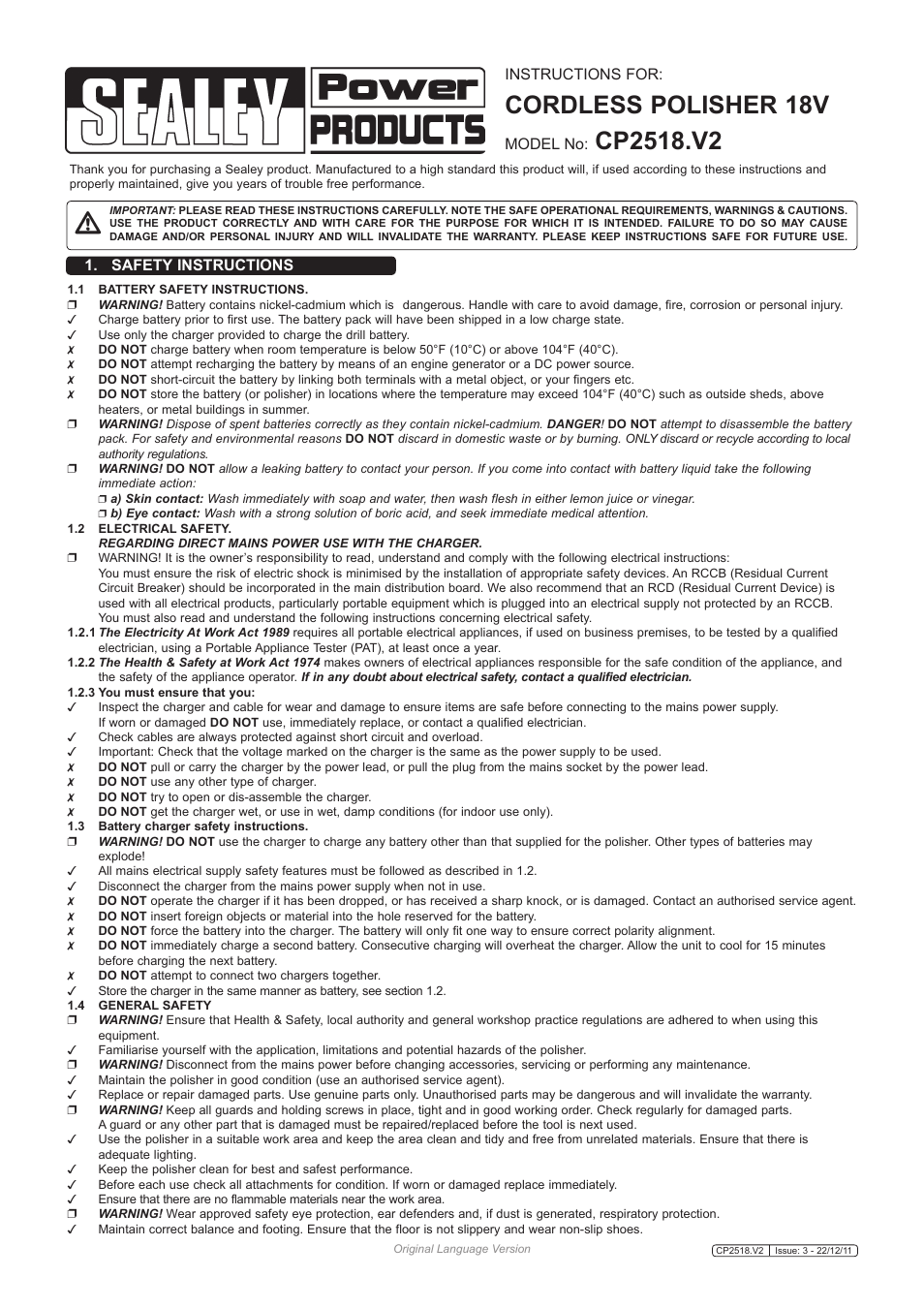 Sealey CP2518 User Manual | 3 pages