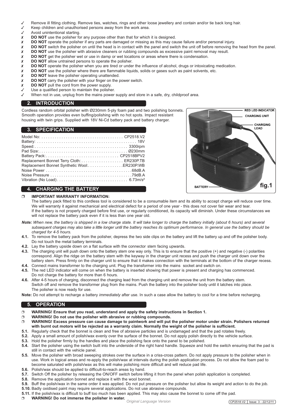 Fig.1, Specification 2. introduction, Charging the battery | Operation | Sealey CP2518 User Manual | Page 2 / 3