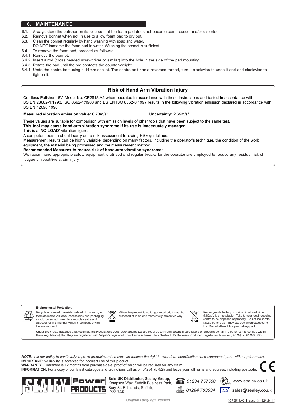 Maintenance, Risk of hand arm vibration injury | Sealey CP2518 User Manual | Page 3 / 3