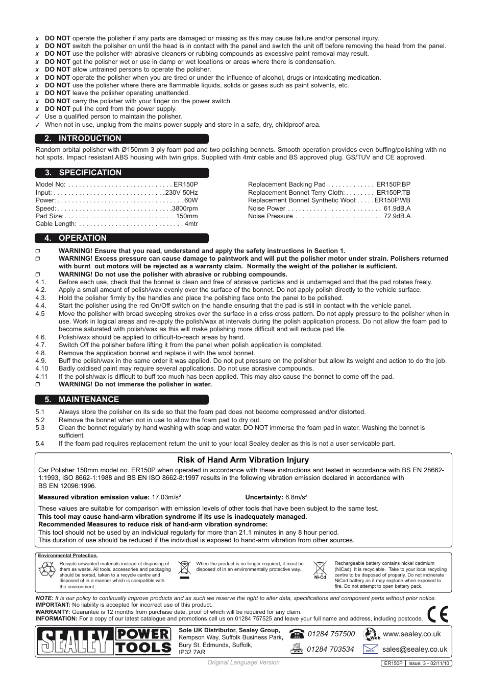 Specification, Introduction, Operation | Maintenance, Risk of hand arm vibration injury | Sealey ER150P User Manual | Page 2 / 2