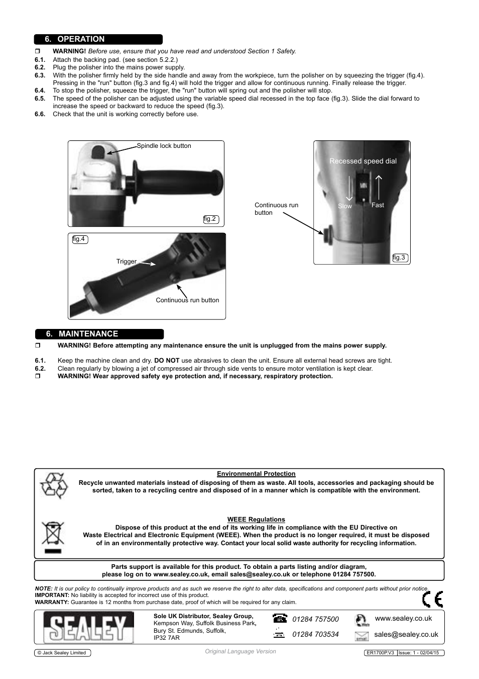 Operation, Maintenance | Sealey ER1700P User Manual | Page 3 / 4