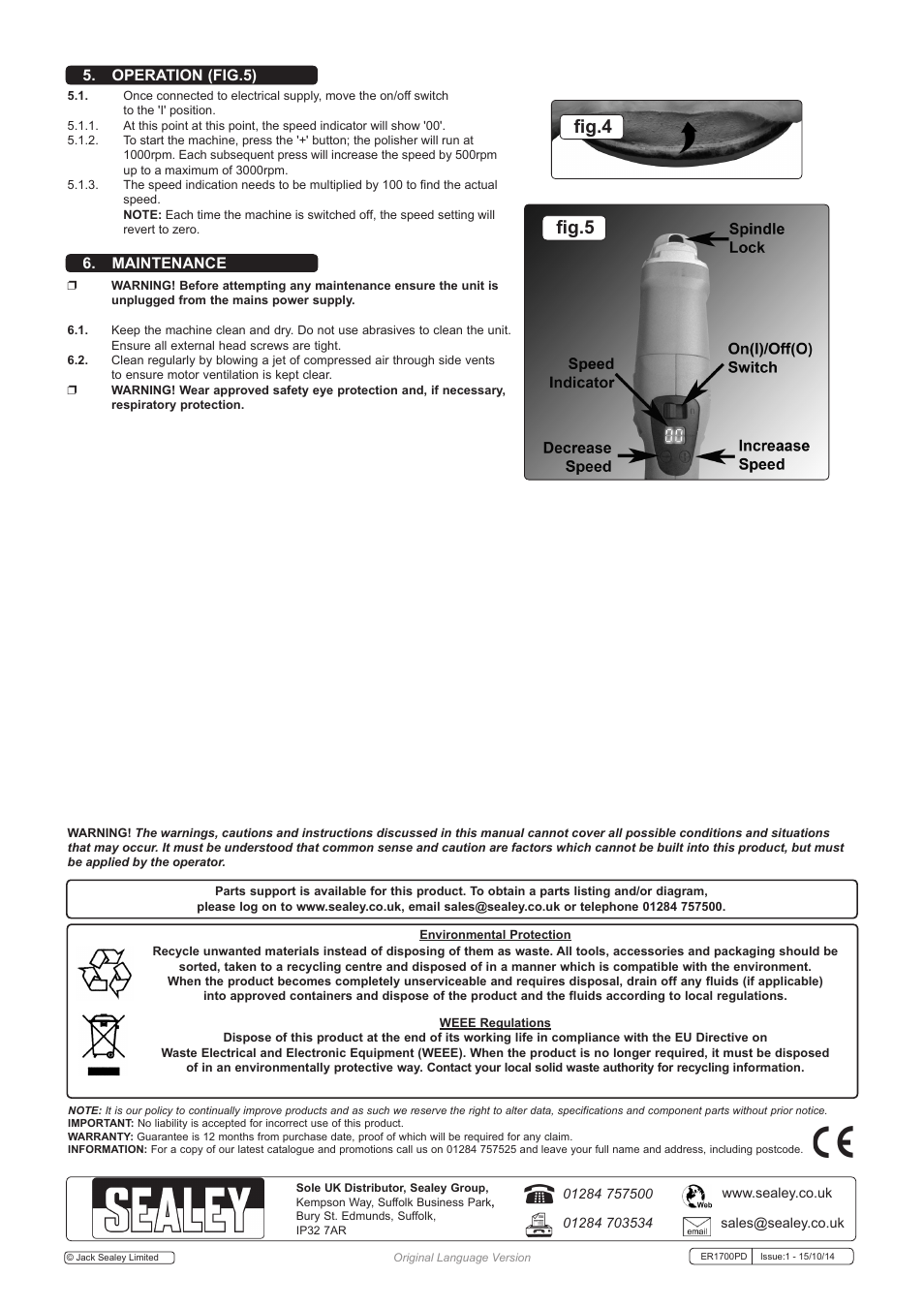 Fig.5 fig.4, Maintenance, Operation (fig.5) | Sealey ER1700PD User Manual | Page 3 / 4